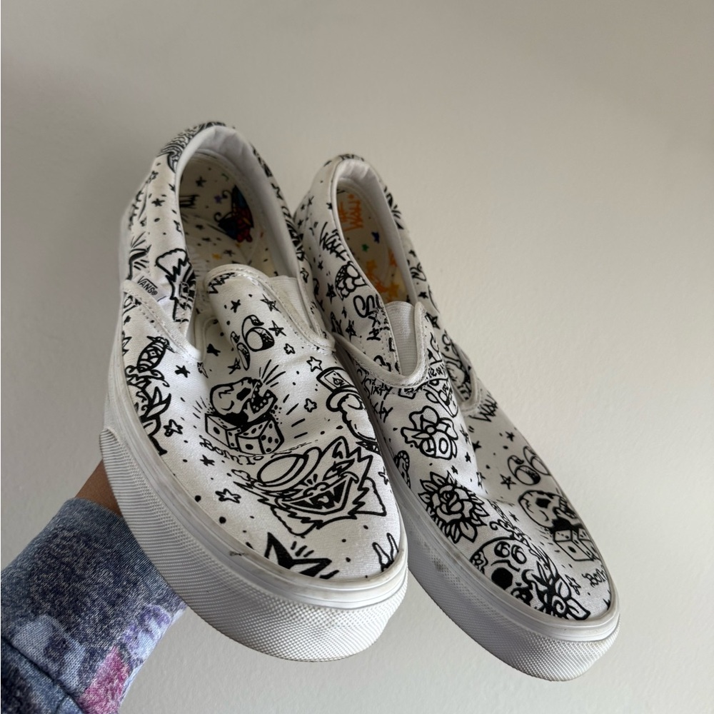 Vans White Black Graphic Slip-On Sneakers - Picture 2 of 3
